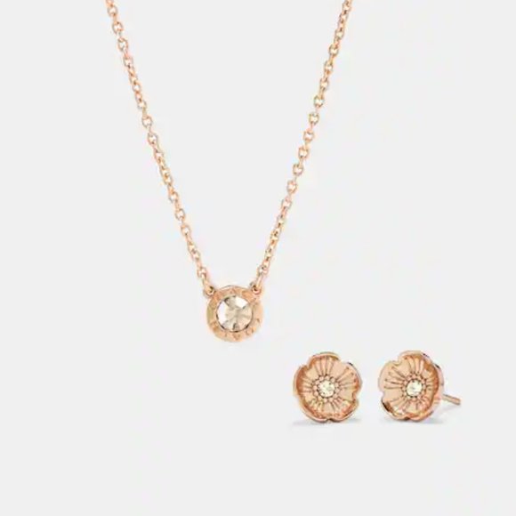COACH SET Necklace Earrings - Open Circle Necklace + Tea Rose Stud Earrings NEW - Picture 1 of 3